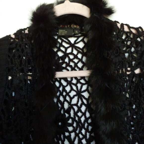 Ruby Cho Black Floral Knitted Faux Fur Sweater Sequin Open Front Romantic XL - Picture 12 of 16